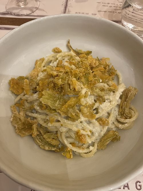 Caccio e Pepe aux fleurs de courgettes croquantes  at La Gattabuia in Rome