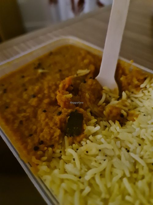 Dhal and rice takeaway at Vege Rama - Adelaide St in Brisbane