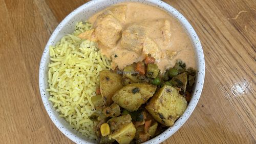 Small plate with rice and 2 delicious curriess  at Vege Rama - Adelaide St in Brisbane