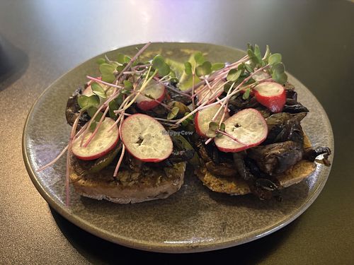 Mushroom toast with tapenadee  at Deli Deli in Porto