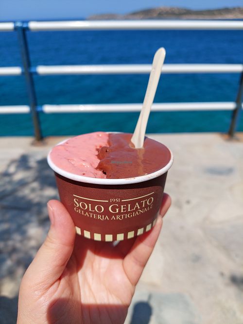 Medium cup with strawberry and dark chocolate at Solo Gelato in Crete