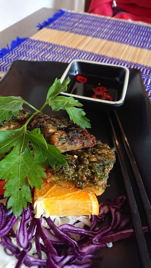 Gui chai thod. Chinese spring onion cakes, both steamed and deep-fried. at Ahaan Fusion in Uppsala