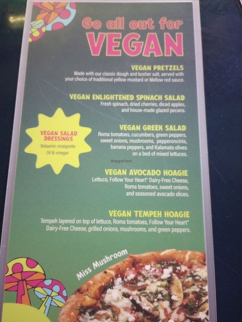 Vegan menu as of Feb 2024 (1 of 2) at Mellow Mushroom in West Chester