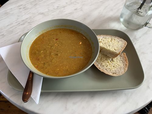 Vegan soup and bread   at smiths vegan cafe in Glasgow