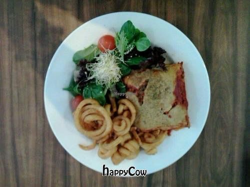 lasagne with salad ($15) and curly fries on the side ($3.50) at Peace Pies in Redcliffe