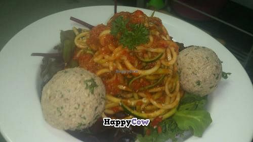 One of the specials; raw spaghetti marinara (made with zucchini spirals) and walnut balls. at Peace Pies in Redcliffe