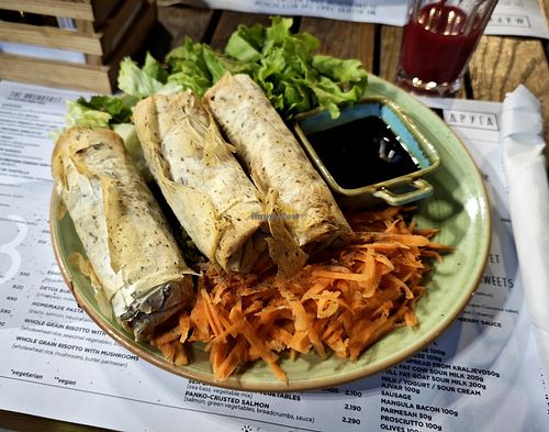 Crispy rolls with a red cabbage and mushroom filling on a bed of herbed millet at Za Druga in Belgrade