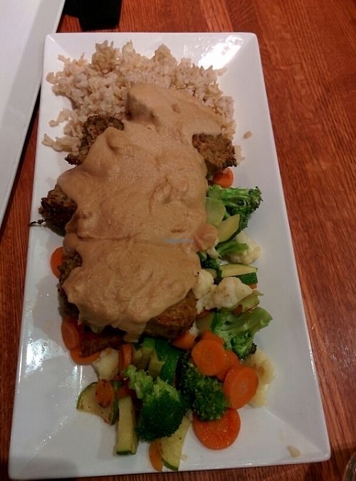 sunloaf plate (house made patti, veggies, quinoa or rice and gravy) at California Organics Cafe in Nevada City