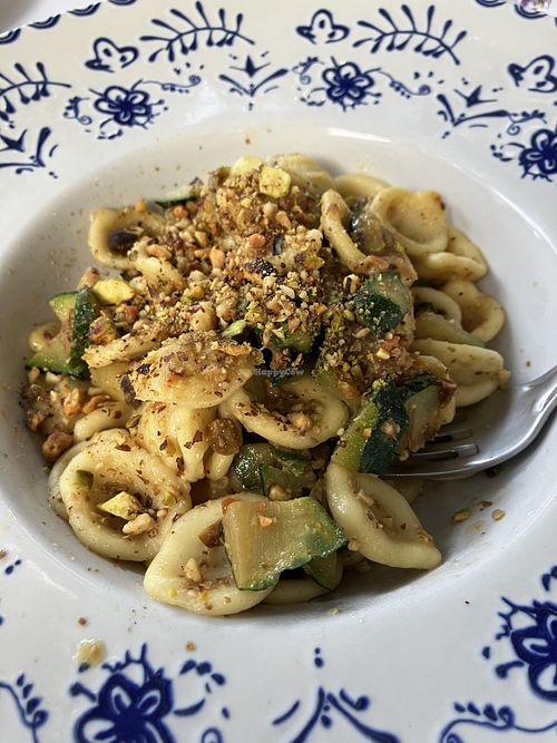 Fresh pasta with zucchini, zucchini flower and roasted pistachio    at Il Cormorano in Cala Gonone