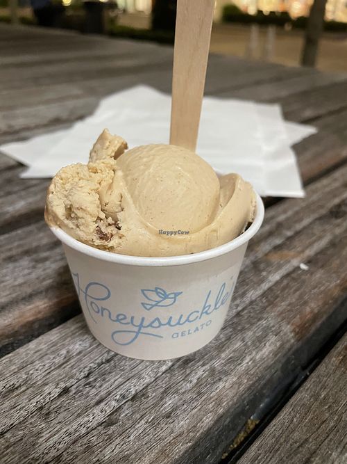 Small cut with half peanut butter and half chocolate brownie chunk (underneath the PB)  at Honeysuckle Gelato in Cary