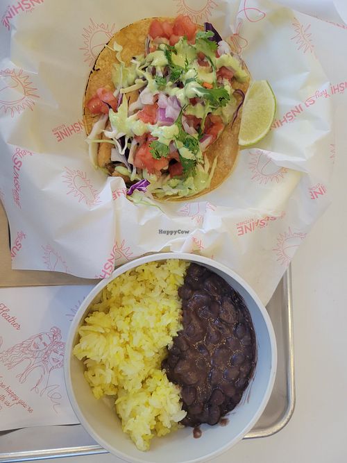 Fish taco with rice and beans at Hey Sunshine Kitchen in Culver City