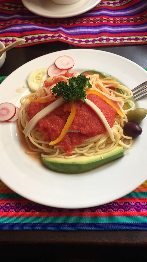 Espaguetis con salsa y tofu  at Shaman Restaurant in Cusco