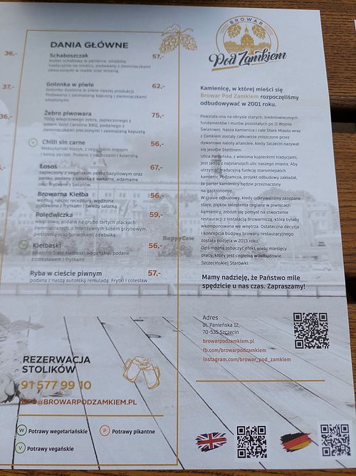 Menu1 at Browar Pod Zamkiem in Szczecin
