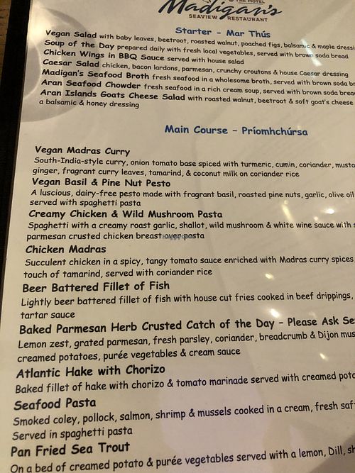 Starters en main courses  at Madigan's in Inishmor