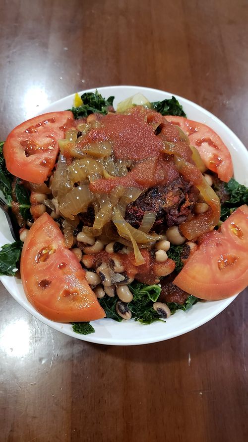Burger Bowl with black eyed peas added at Sunflower Cafe in Nashville
