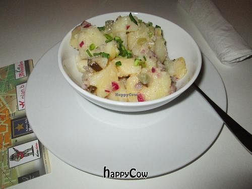 Polish potato salad with finely chopped red onion and gherkin at VEG Deli in Warsaw