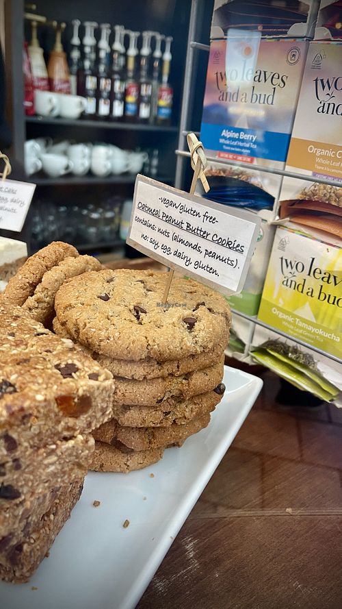 Two well-labeled vegan dessert case options   at Muddy Waters Cafe in Harrison Hot Springs