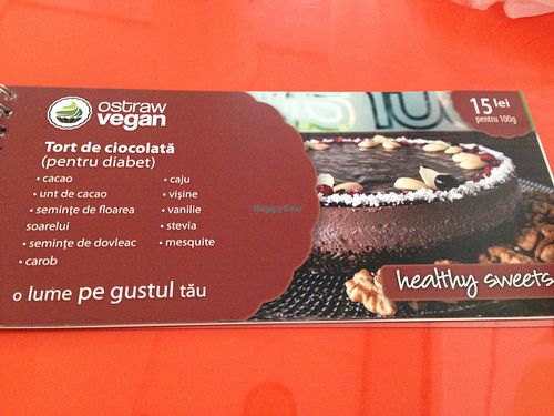 description of dessert from their catalog at Ostraw Vegan in Bucharest