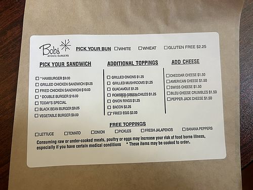 Menu  at Bob's Atomic Burgers in Golden