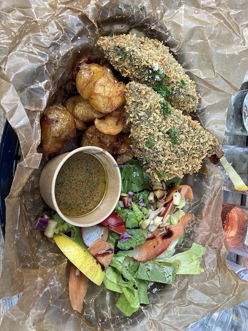 No-fish and chips. Amazing potatoes  at Les Poissonniers de Möja in Moeja