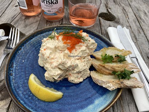 Very tasty Skagen dish with tofu, vegan mayo and seaweed caviar. You can have more bread if you ask.   at Les Poissonniers de Möja in Moeja