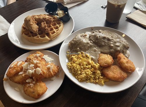 Chicken and waffle, biscuits and gravy with hash tots and scramble, garlic parm hash tots  at Bed Head Vegan Brunch House in Bethlehem