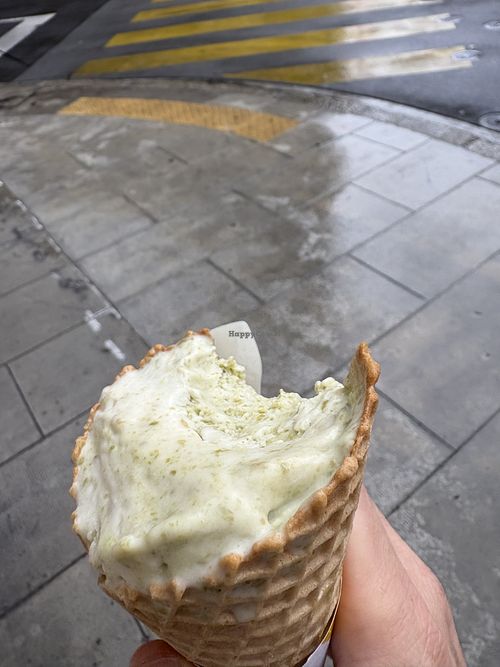 Pistachio almond ice cream (started eating before taking the photo, a good sign I guess)   at Manu Gelato - Eaux-Vives in Geneva