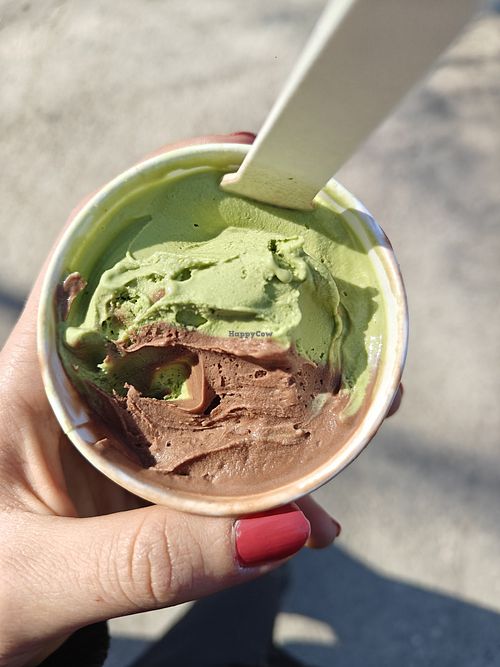 half-eaten matcha and gianduja gelato at Gelatoria in Espoo