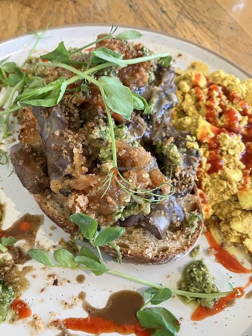 Mushroom toast with tofu scramble  at Postal Service in Auckland