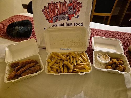 Vegan 'chicken' strips and garlic mushrooms  at Fish over Chips in Grange-over-sands