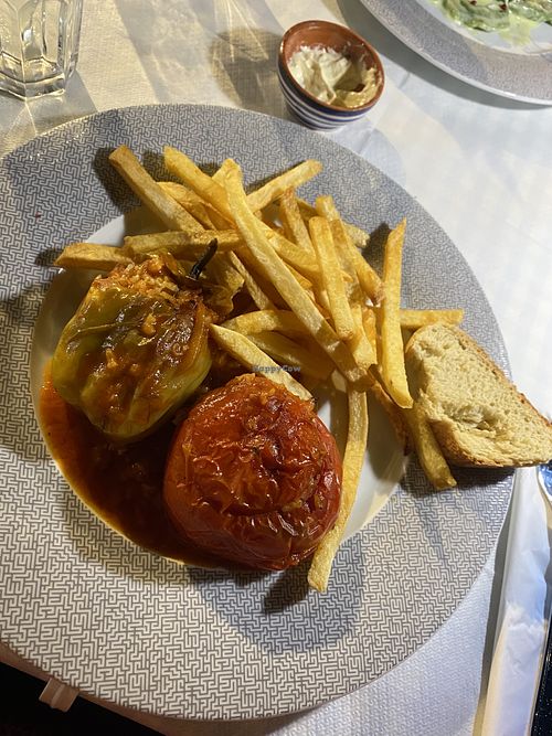 Rice stuffed pepper and tomato  at Molos Restaurant & Taverna in Skopelos