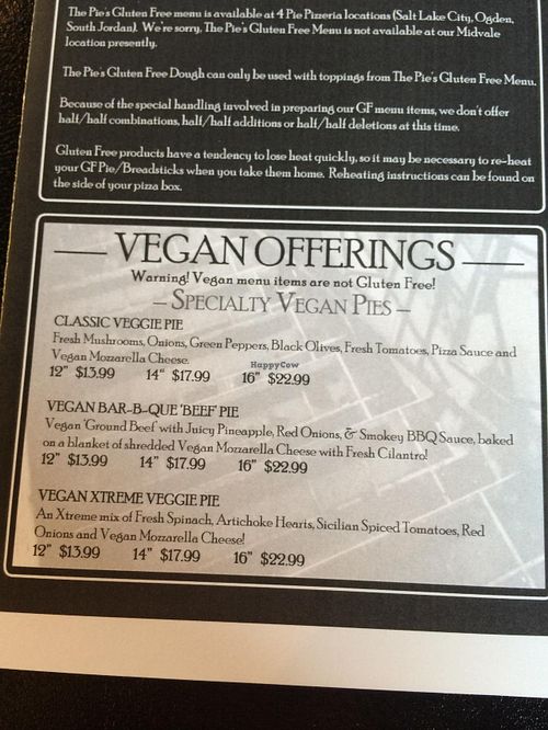 Vegan menu at The Pie in South Jordan