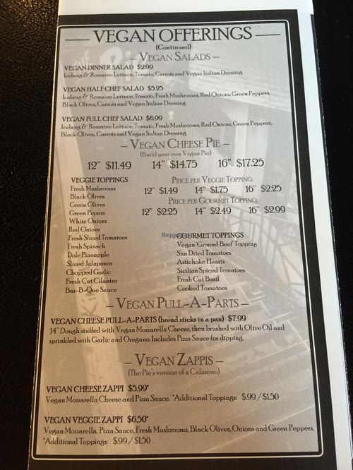 Vegan menu at The Pie in South Jordan