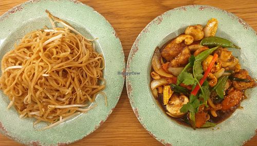Rice noodles and CASHEW STIR-FRY at Rosa's Thai Cafe in Cardiff