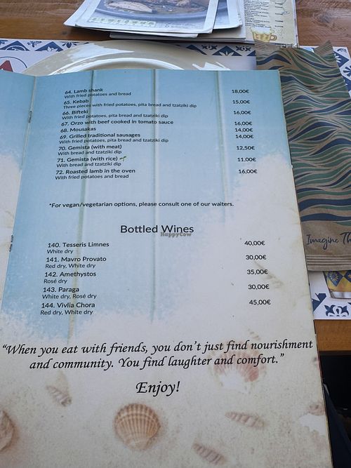 Menu  at Taverna Ta Filarakia in Rhodes