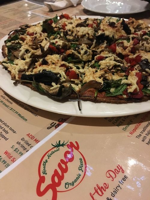 Mushroom and spinach pizza with daiya cheese!  at Savor in Norwalk