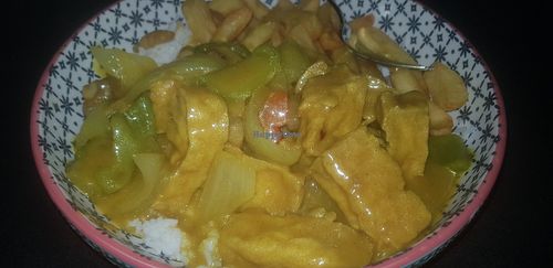 Tofu curry, rice and chips at Happy Home in Wallsend