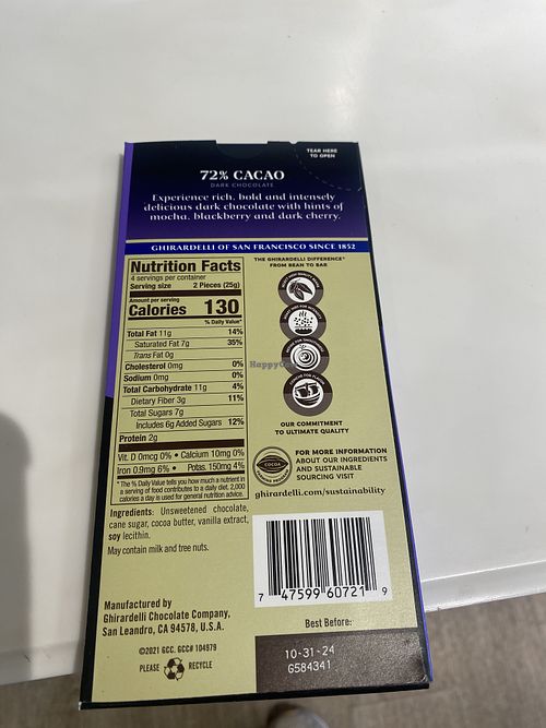 72% Cacao Bar Accidentally Vegan (No Milk), Just Be Mindful that “May Contain” verbiage pertaining to milk and other allergens due to shared equipment.  at Ghirardelli Ice Cream and Chocolate Factory Outlet in San Leandro