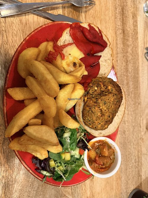 Vegan burger and chips   at Billycan in Tenby