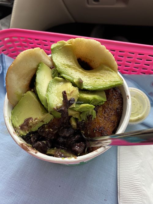 Vegan bowl with rice, beans, plantains, avocado , mini arepa.   at Arepa Spot in Myrtle Beach