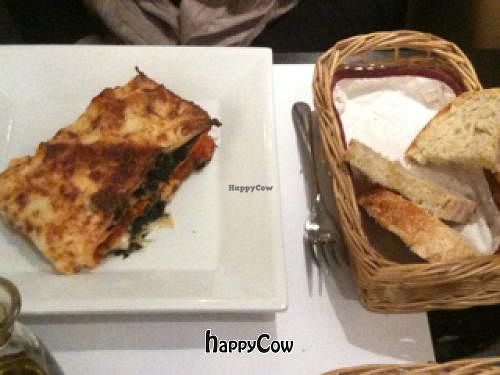 Main Course: Vegetarian Lasagna and home made bread. Yummy. at Lady Green Bio-Vegetarian Restaurant in Sitges