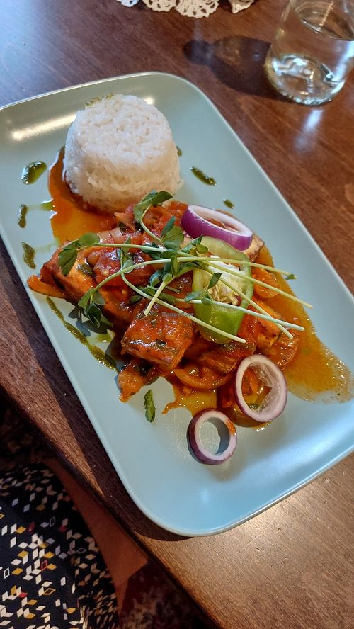 Grilled tofu with lesco and rice at Klauzál Café in Budapest