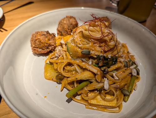 Linguine with veggie meatballs in a Thai red curry sauce at Verdure Restaurant in Kaohsiung