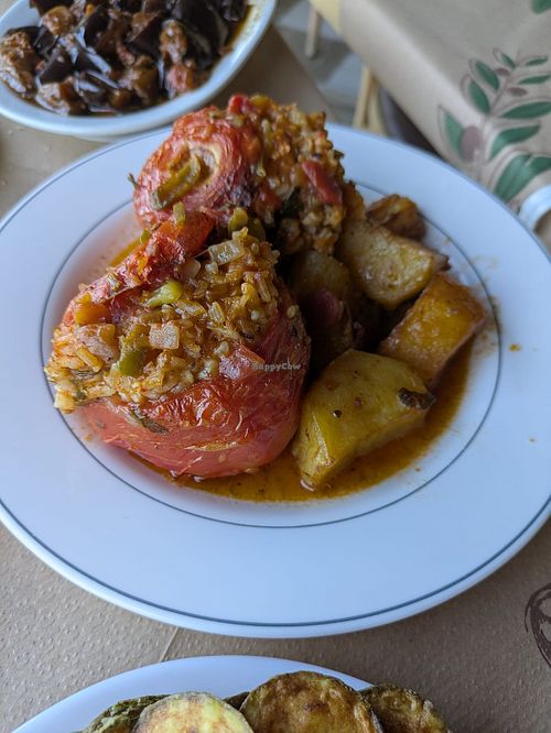 Gemistas, a typical  dish, stuffed tomatoes at Agnadi in Zakynthos