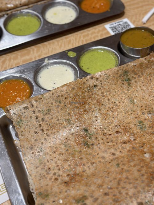 Rava dosa with chutneys and sambhar   at Saravana Bhavan in Edison