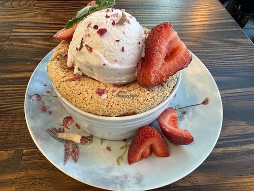 Stony Point Strawberry rhubarb cobbler with ice cream  at goatlandia kitchen in Sebastopol
