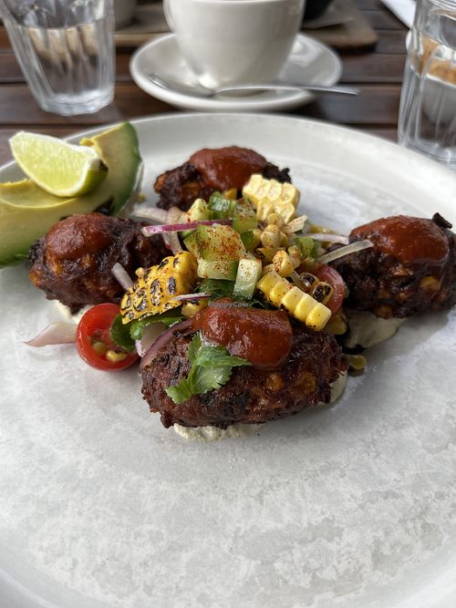 Vegan fritters  at Red Door Corner Store in Northcote