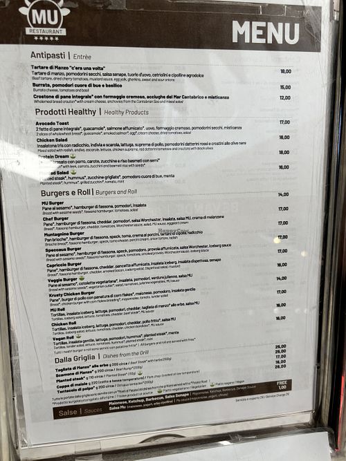 Menu with vegan options: 2 bowls (Protein dream and Planted salad), vegan roll and planted steak  at Mu Linate in Segrate