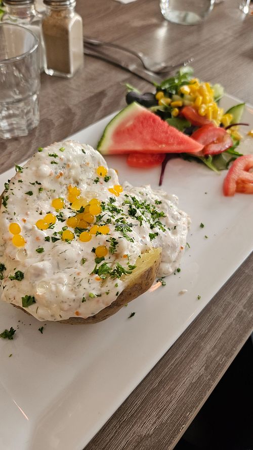 Vegan "skagen" jacket potato. Labelled vegan on the menu at Levin & Co in Mariestad