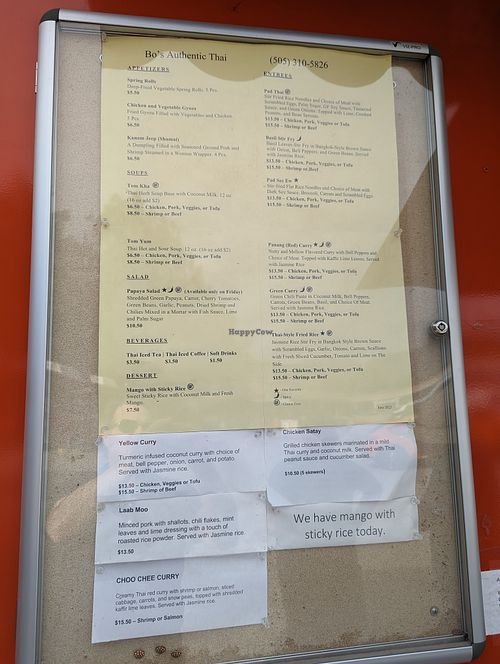 menu at Bo's Authentic Thai in Santa Fe